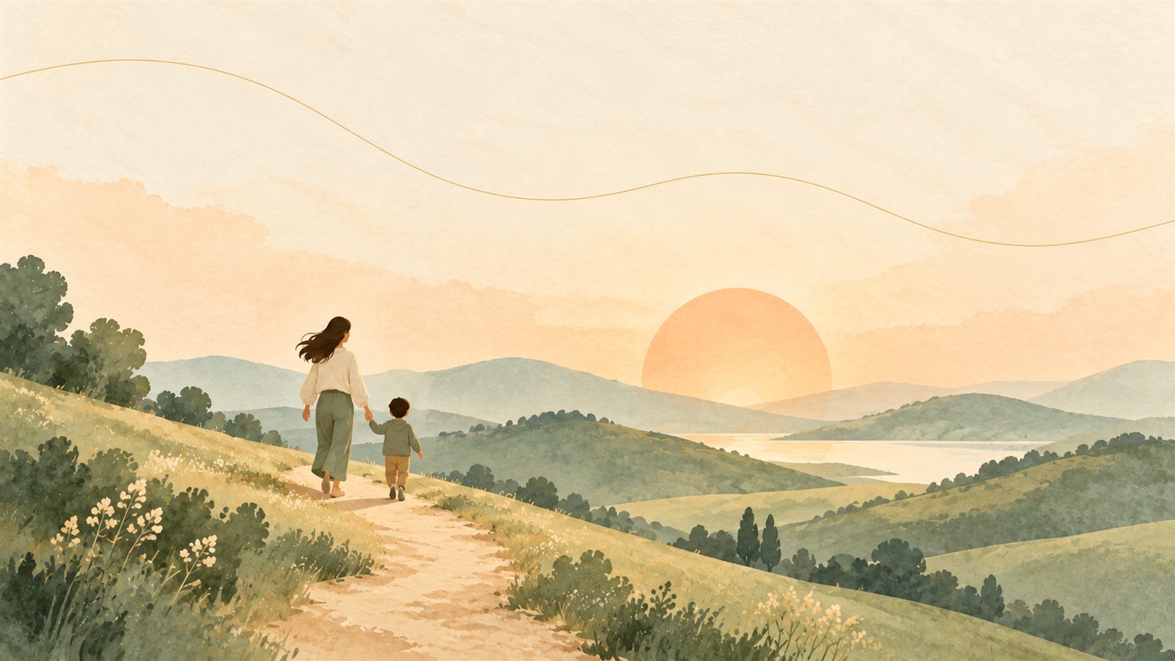 Illustration: Elternteil und Kind gehen bei Sonnenaufgang gemeinsam auf einem Weg durch die Hügel.