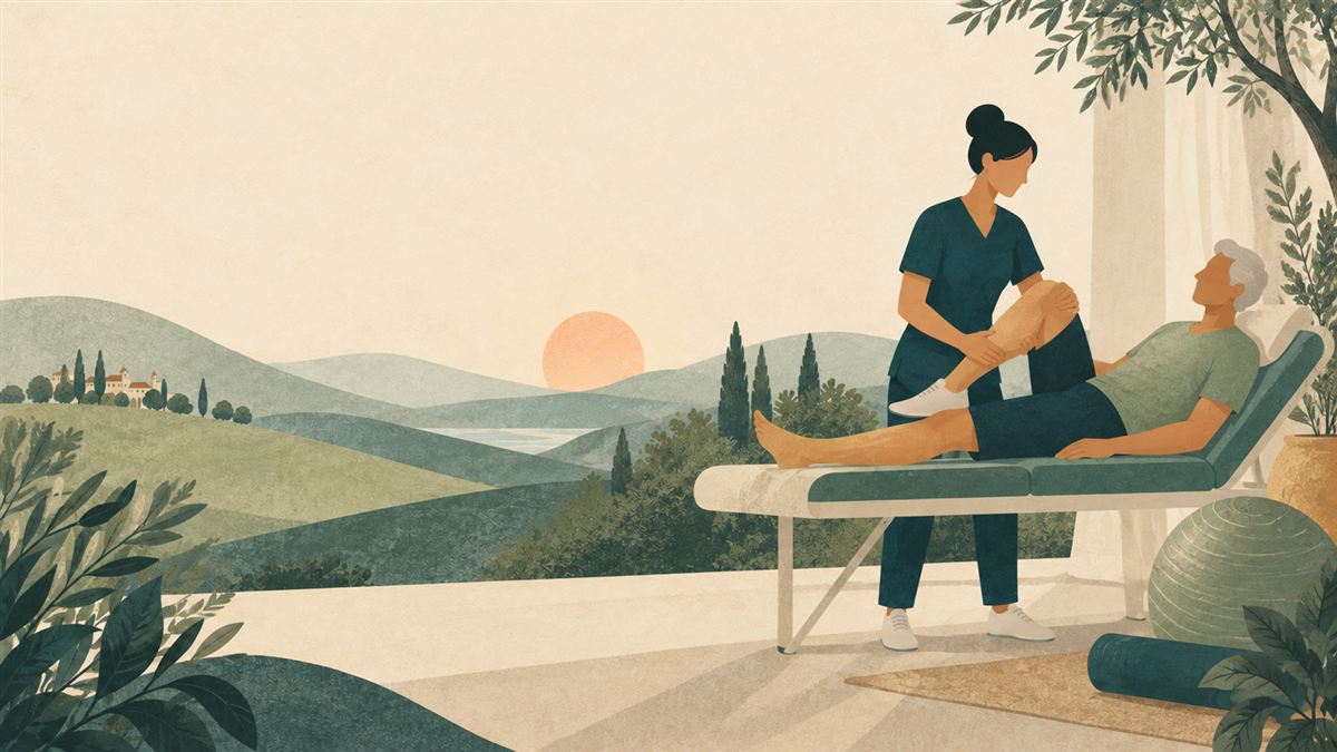 Eine Illustration eines Therapieraums in ruhigen Grün- und Beigetönen.